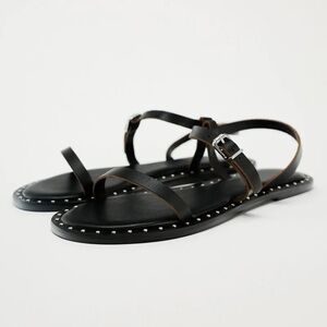 Zara Black Double Strap Studded Flat Leather Sandals Size 37 (6.5) Comfy New